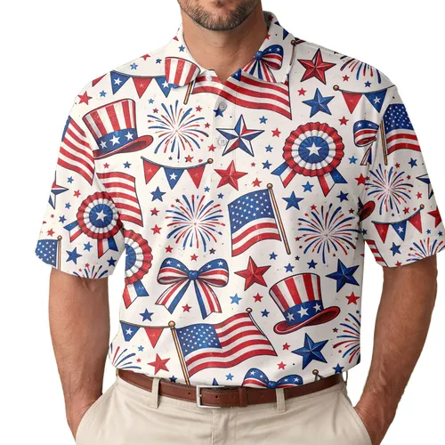 Red White Blue Americana Icons for Fourth of July Celebrations and Summer Golfers Men's Polo Shirt