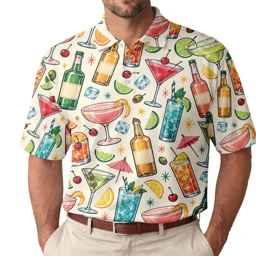 Colorful Cocktail Drinks for Summer Golf Days, Vacation Resorts, and Party Lovers Men's Polo Shirt