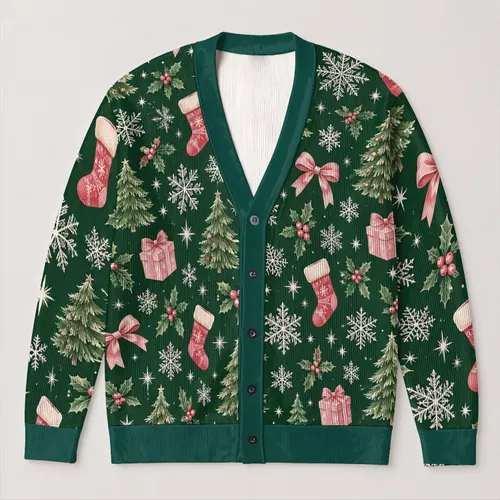 Christmas Trees, Snowflakes and Pink Bows for Cozy Holiday Gatherings and Festive Parties All-over Print Knitted Cardigan