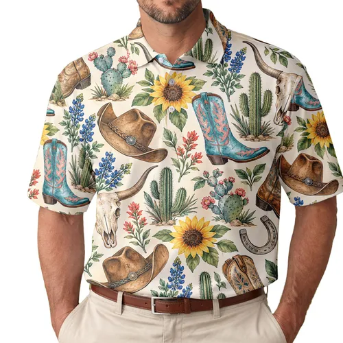 Western Cowboy Boots, Hats & Cactus for Summer Golf and Vacation Style for Women Men's Polo Shirt