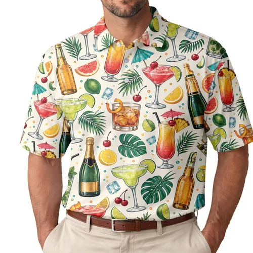 Cocktail Glasses and Bottles for Tropical Resort Golf Days, Women's Vacation Style Men's Polo Shirt