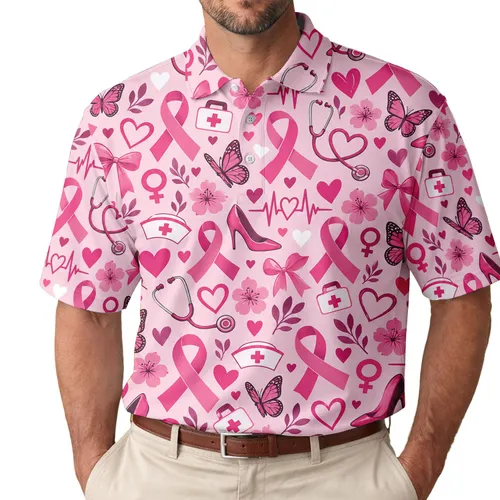 Pink Ribbon Medical Heart Motifs For Breast Cancer Awareness Golf Style Women Athletes Men's Polo Shirt