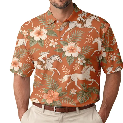 Orange Equestrian Horse Floral Style for Summer Golf and Horse Lover Weekend Outings Men's Polo Shirt