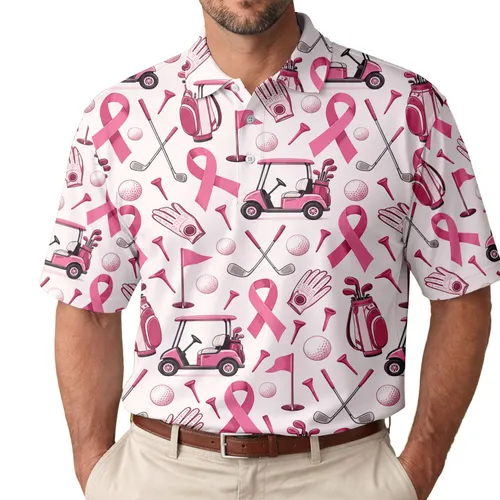 Pink Ribbon Golf Icons for Breast Cancer Awareness Country Club Style for Women Golfers Men's Polo Shirt