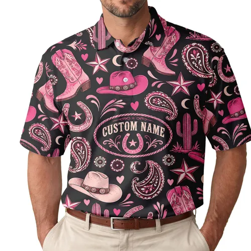Pink Western Cowgirl Motifs for Summer Golf Days and Country Club Style for Women Men's Polo Shirt