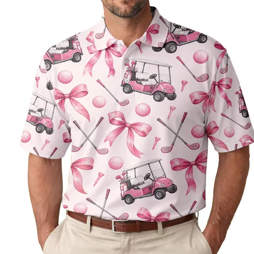 Pink Bows, Golf Clubs, Carts and Balls for Girly Country Club Summer Style Lovers Men's Polo Shirt