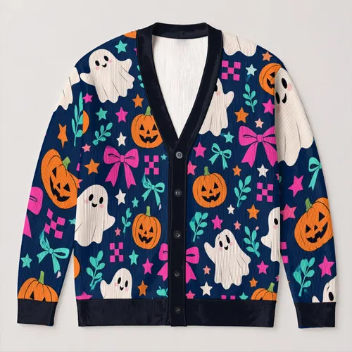 Halloween Ghost Pumpkin Bow Motifs For Festive Layering And Autumn Outings For Women All-over Print Knitted Cardigan