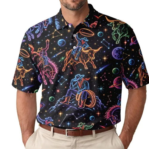 Neon Cosmic Cowboy Rodeo Scene For Beach Vacations, Festivals, And Summer Nights Men's Polo Shirt