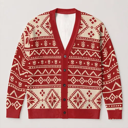 Nordic Red And Cream Geometric Bands For Cozy Everyday Layering And Weekend Wear All-over Print Knitted Cardigan