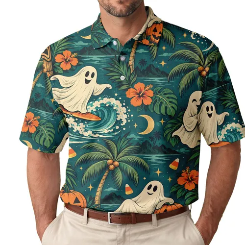 Halloween Ghosts, Surfing Pumpkins And Tiki Masks For Spooky Tropical Beach Celebrations Men's Polo Shirt