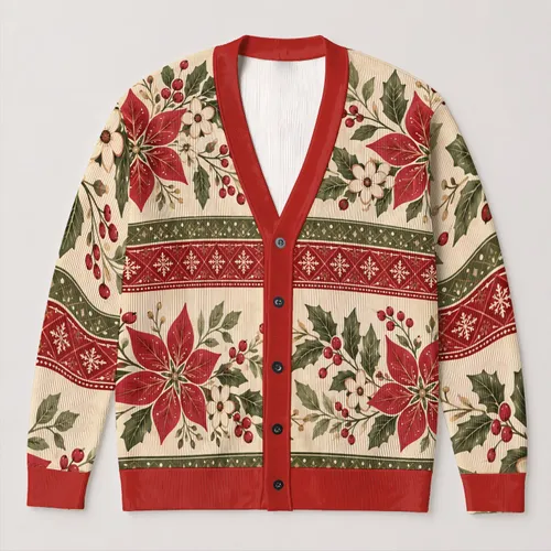 Red Green Floral Snowflake Holiday Style for Cozy Everyday Layering, Women's Winter Wear All-over Print Knitted Cardigan