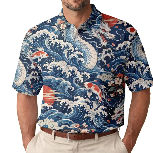 Japanese Dragon Koi Waves for Tropical Summer Escapes and Ocean-Loving Travelers Men's Polo Shirt