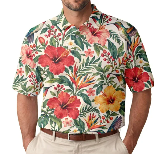Colorful Hummingbird Tropical Flowers for Beach Vacations and Summer Getaways Men's Polo Shirt