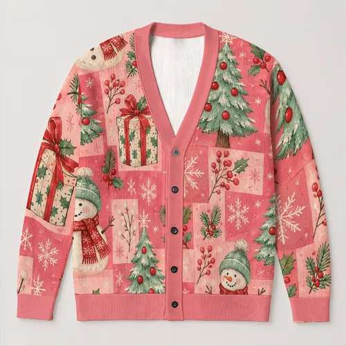Snowman Christmas Trees And Gifts For Cozy Holiday Gatherings And Winter Layering All-over Print Knitted Cardigan