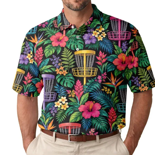 Colorful Disc Golf Baskets and Wildflowers for Weekend Fairway Fun and Dad Gifts Men's Polo Shirt