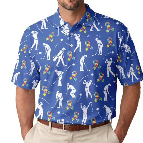 Blue Autism Awareness Golfers With Colorful Ribbons For Charity Tournaments And Fans Men's Polo Shirt