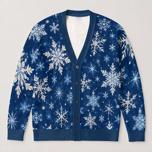 Snowflake Winter Motifs for Cozy Everyday Layering in Deep Blue and Cream for Women All-over Print Knitted Cardigan
