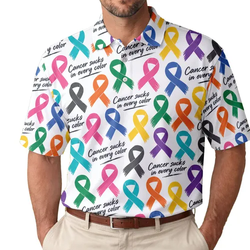 Multicolor Awareness Ribbons for Cancer Support Golf Day, Survivor and Family Gift Wear Men's Polo Shirt