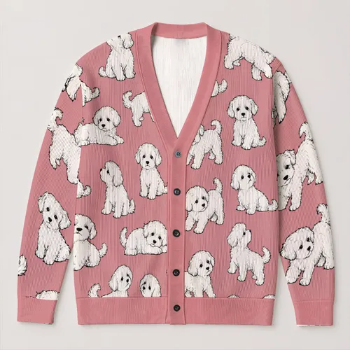 White Puppy Motifs for Cozy Autumn Layering and Everyday Pet Lover Weekend Style All-over Print Knitted Cardigan