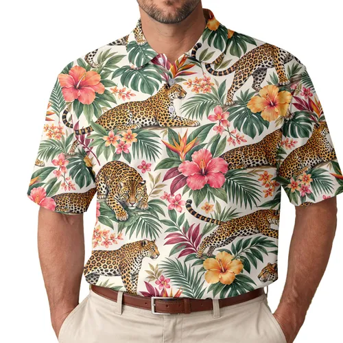 Golden Jaguar Tropical Blooms for Resort Golf Style and Outdoor Leisure Wear for Her Men's Polo Shirt