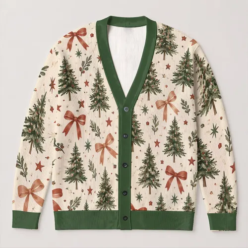 Evergreen Trees And Ribbon Bows For Cozy Holiday Gatherings Women's Festive Winter Style All-over Print Knitted Cardigan