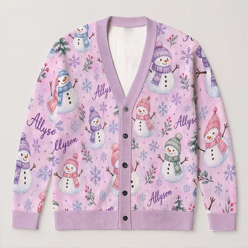 Allyson Snowman Snowflake Holiday Style For Cozy Autumn Winter Layering Women’s Gift All-over Print Knitted Cardigan