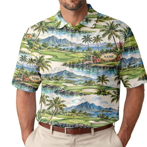 Tropical Pineapple Golf Course Scene for Resort Leisure and Summer Fairway Style Men's Polo Shirt