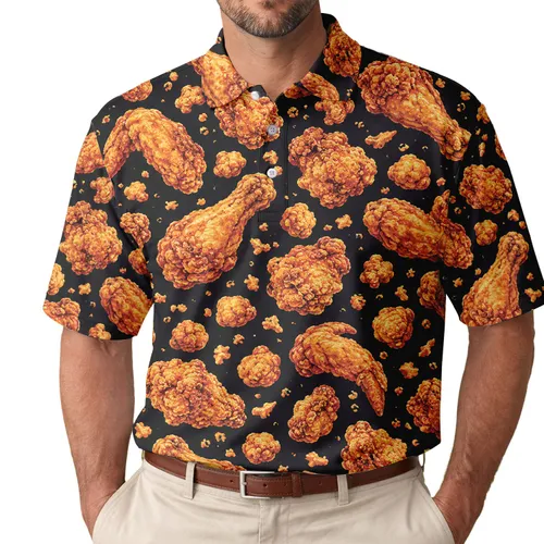 Fried Chicken Lover Gift for Foodies, Fun BBQ Style, Crispy Orange Chicken Theme Men's Polo Shirt