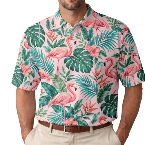Tropical Flamingo Jungle Leaves For Resort Holidays And Beach Getaways Summer Style Men's Polo Shirt