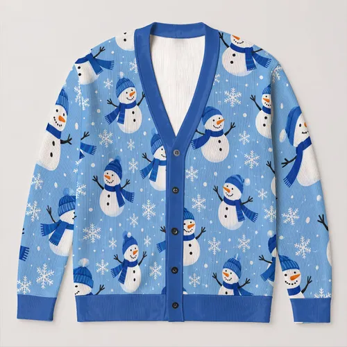 Cheerful Snowmen And Snowflakes For Cozy Winter Outings, Women’s Holiday Style All-over Print Knitted Cardigan