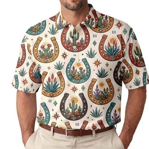 Western Horseshoe Cactus Motif for Desert Golf Days and Cowboy Country Weekend Style Men's Polo Shirt