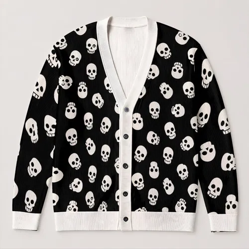 Monochrome Skull Motif for Edgy Casual Layering and Alternative Streetwear Style All-over Print Knitted Cardigan