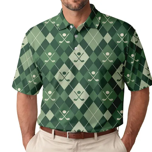 Green Argyle Golf Club Motifs for Relaxed Country Club Weekends and Fairway Lovers Men's Polo Shirt