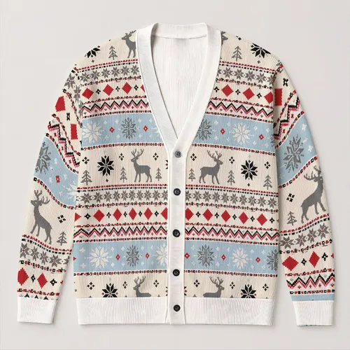 Nordic Reindeer Snowflake Holiday Motifs for Cozy Winter Layering and Festive Menswear All-over Print Knitted Cardigan