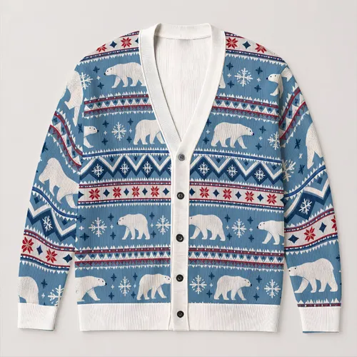 Polar Bear Winter Motifs For Cozy Holiday Layering, Men's Casual Nordic Style Gift All-over Print Knitted Cardigan