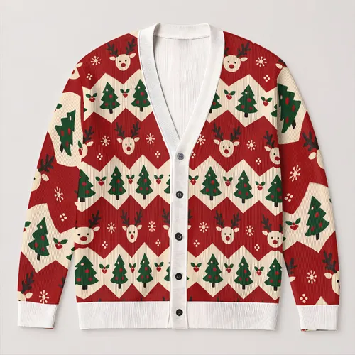Festive Reindeer and Evergreen Trees for Cozy Holiday Gatherings and Winter Layering All-over Print Knitted Cardigan