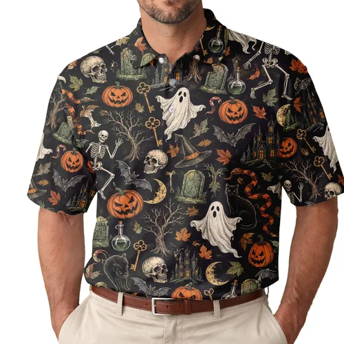 Halloween Ghost Pumpkin Spooky Party Golf Gift for Men, Fall Costume Celebration Wear Men's Polo Shirt