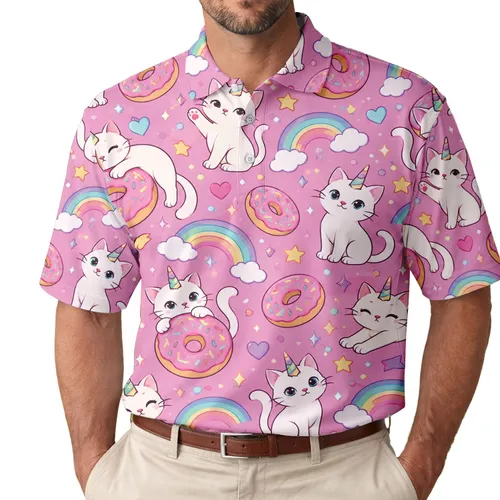 Pink Unicorn Cat Donuts and Rainbows for Playful Golf Days, Men and Women, Gift Idea Men's Polo Shirt