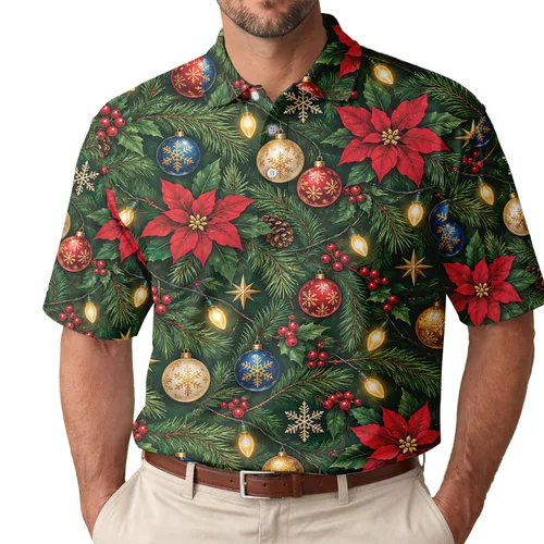 Festive Evergreen Lights and Ornaments for Christmas Parties and Family Gatherings Men's Polo Shirt
