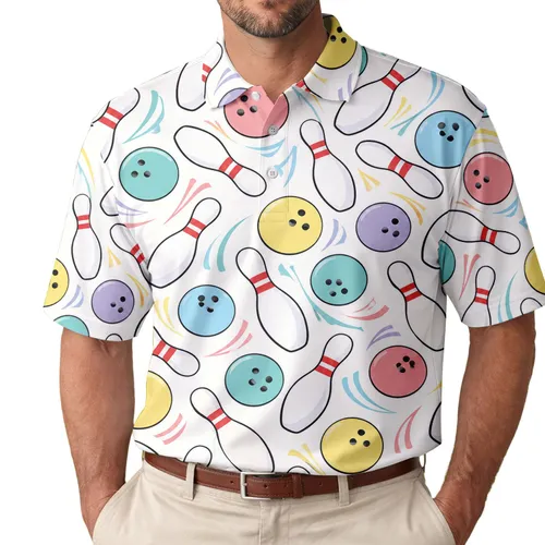 Colorful Bowling Pins And Balls For League Night Team Events And Gifts For Bowling Fans Men's Polo Shirt