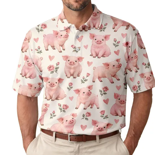 Pink Pig Golf Gift For Him, Playful Country Club Style For Animal Lovers Outdoors Men's Polo Shirt
