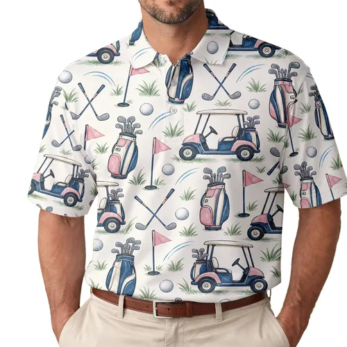 Golf Cart And Pink Flag Motifs For Weekend Fairways And Relaxed Clubhouse Style Wear Men's Polo Shirt