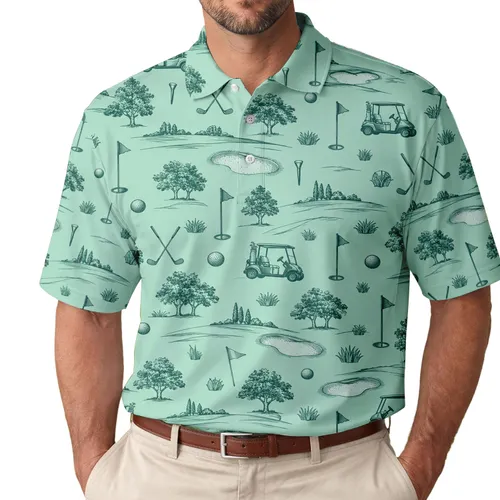 Mint Green Golf Course Icons for Relaxed Fairway Days, Unisex Country Club Style Men's Polo Shirt