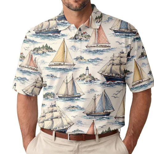 Vintage Sailboat Nautical Escape for Yacht Holidays, Coastal Golf Days and Beach Trips Men's Polo Shirt