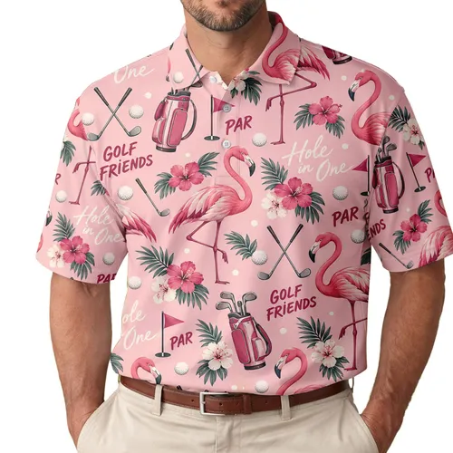 Pink Flamingo Golf Friends Hole in One Theme for Weekend Fairway Players and Couples Men's Polo Shirt