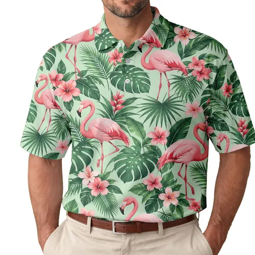 Pink Flamingo Tropical Garden for Breast Cancer Awareness Golf Tennis Active Lifestyle Men's Polo Shirt