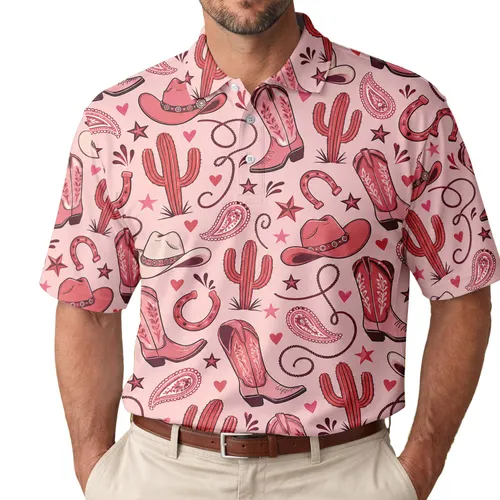 Pink Western Cowgirl Rodeo Icons for Country Golf Days and Ranch Weekend Style Men's Polo Shirt