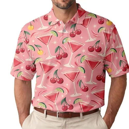 Pink Cherry Martini Cocktails for Tropical Summer Parties, Resort Getaways and Vacations Men's Polo Shirt