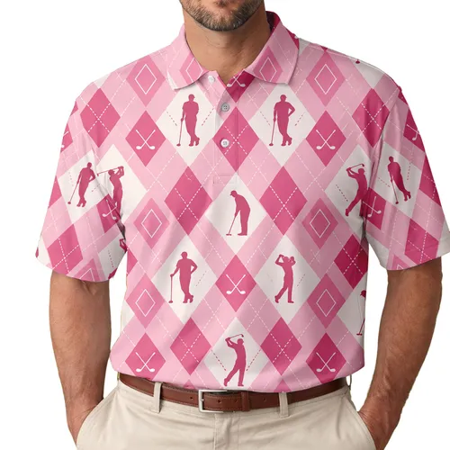 Pink Argyle Golf Silhouettes for Country Club Days, Weekend Fairways, and Golf Friends Men's Polo Shirt
