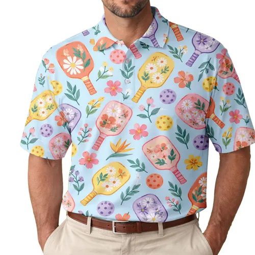 Floral Pickleball Paddles for Tennis Club Summers, Matching Team Style and Vacations Men's Polo Shirt